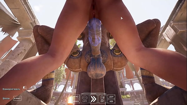 Lara pleasures a huge statue’s penis in the arena 3D Hentai Game