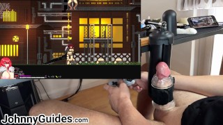 boy whimpers as synced game makes cock cum